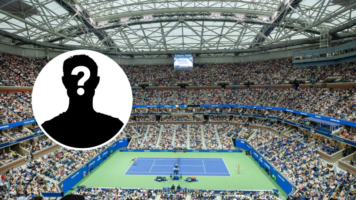 Main: Overview of Arthur Ashe Stadium at the US Open. Inset: Mystery logo