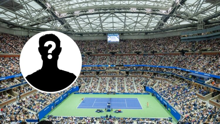 Main: Overview of Arthur Ashe Stadium at the US Open. Inset: Mystery logo