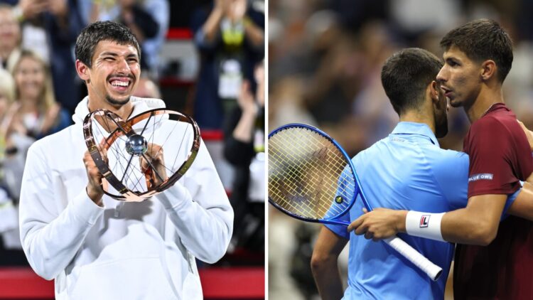 Split image of Alexei Popyrin of Australia celebrates with his trophy after defeating Andrey Rublev in two sets 6-2, 6-4 during the Men's Singles F...