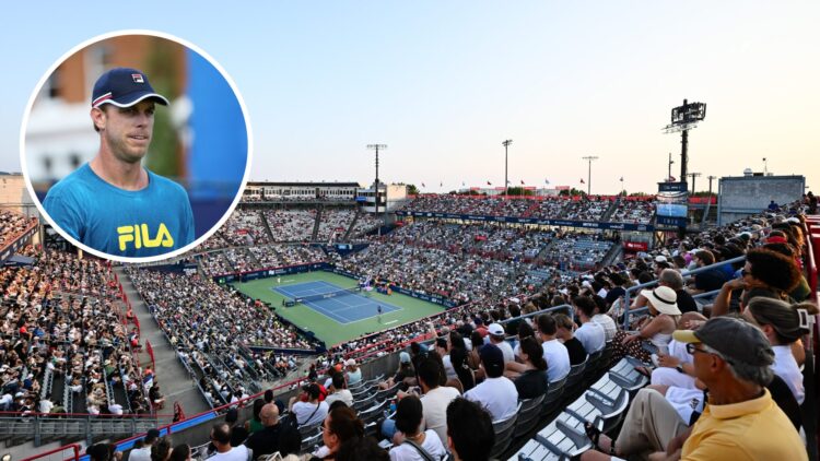 Main: An overhead shot of the Canadian Open's centre court. Inset: Sam Querrey