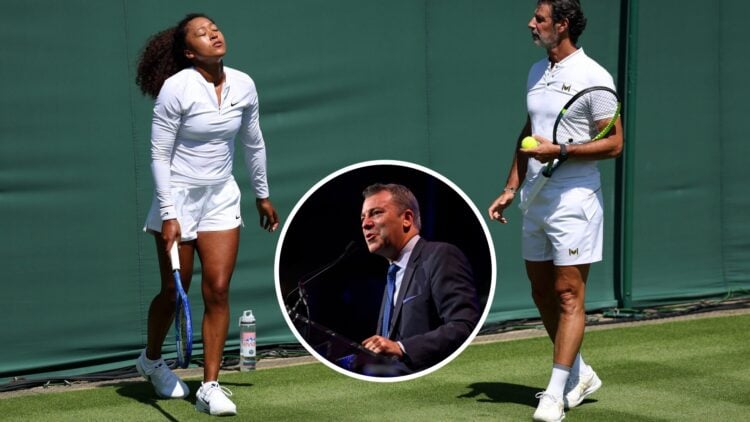 Main: Patrick Mouratoglou coaches Naomi Osaka at Wimbledon. Inset: Jon Wertheim