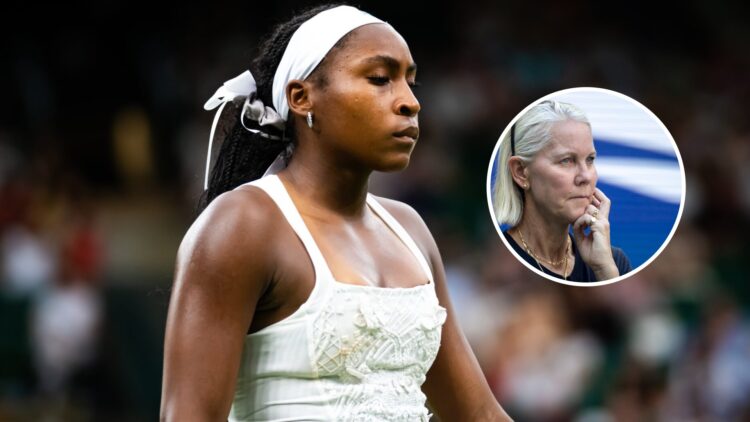 Coco Gauff reacts during Wimbledon 2025, inset Rennae Stubbs looks on at the 2022 US Open
