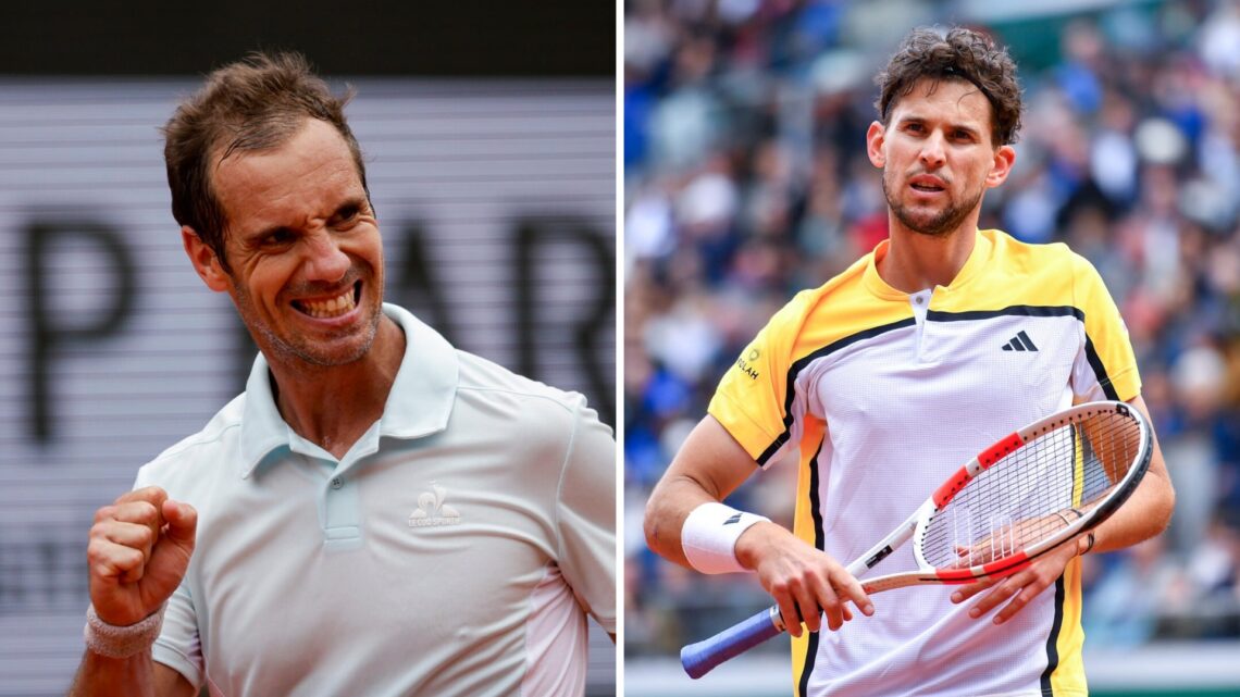 Split image of Richard Gasquet celebrating a point at the 2025 French Open, image of Dominic Thiem looking on ahead of the 2024 French Open
