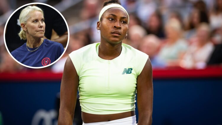 Coco Gauff of the United States in action against Danielle Collins of the United States in the second round on Day 3 of the National Bank Open at S...
