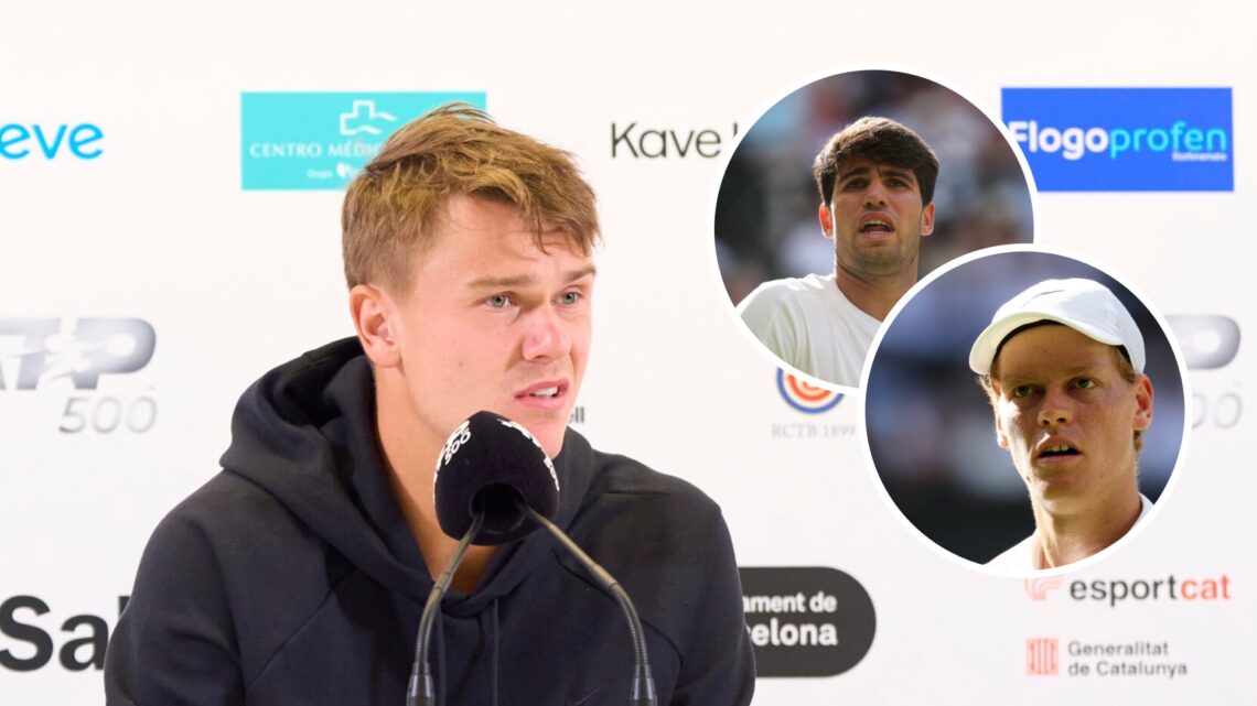 Image of Holger Rune speaking to the media after beating Carlos Alcaraz in the 2025 Barcelona Open final, inset of Carlos Alcaraz looking to his te...