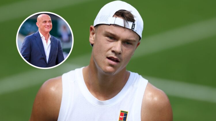 Main: Holger Rune looks on during a practice session prior to The Championships Wimbledon 2025 at All England Lawn Tennis and Croquet Club. Inset: ...