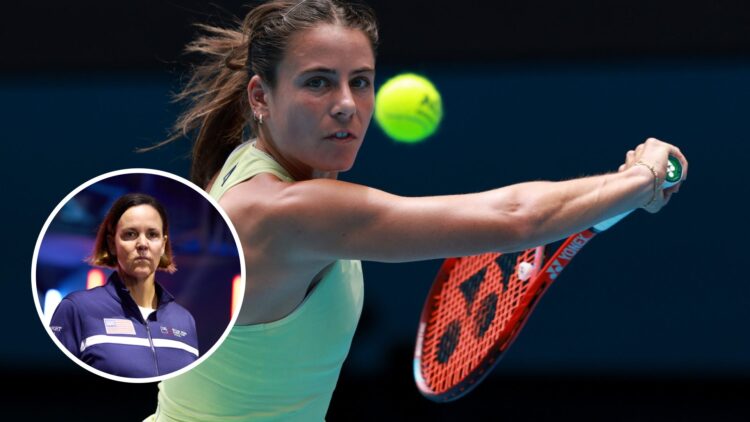 Main: Emma Navarro hits a slice backhand at the 2025 Australian Open. Inset: Lindsay Davenport