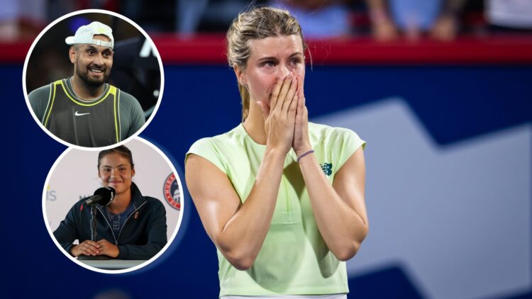 Eugenie Bouchard of Canada during her retirement ceremony after the second round of the National Bank Open at Stade IGA, with insets of Nick Kyrgio...