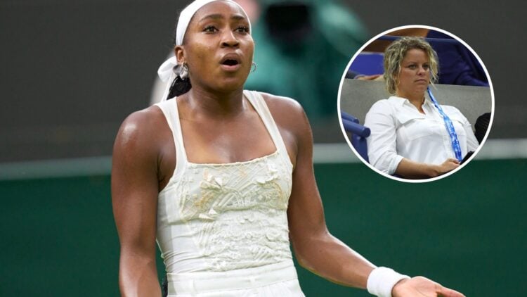 Coco Gauff is frustrated at Wimbledon 2025, inset Kim Clijsters looks on during the 2022 US Open