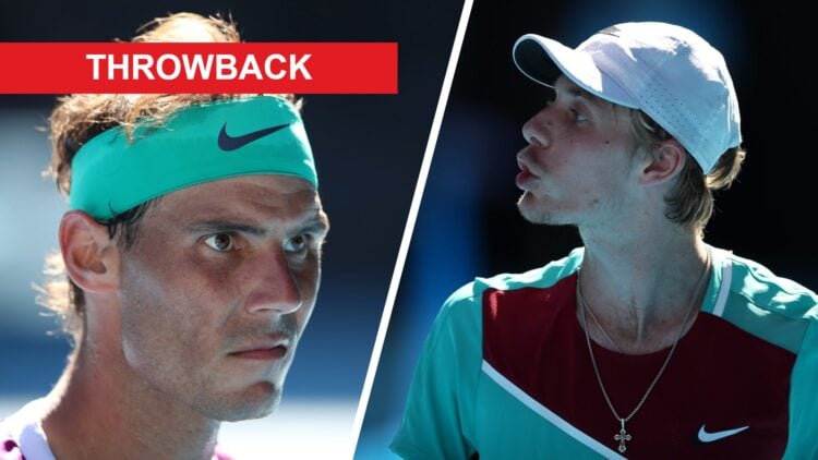 Split image of Rafael Nadal of Spain looks on in his Men's Singles Quarterfinals match against Denis Shapovalov of Canada during day nine of the 20...