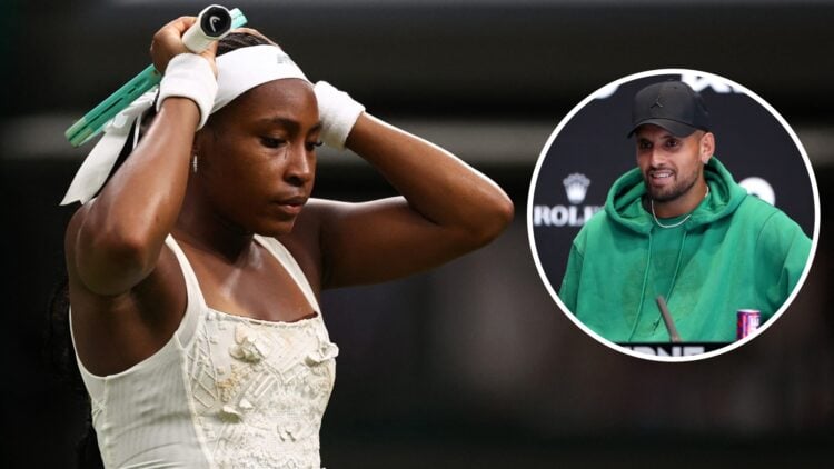 Image of Coco Gauff reacting during her defeat to Dayana Yastremska at Wimbledon in 2025, inset of Nick Kyrgios speaking to the media ahead of the ...