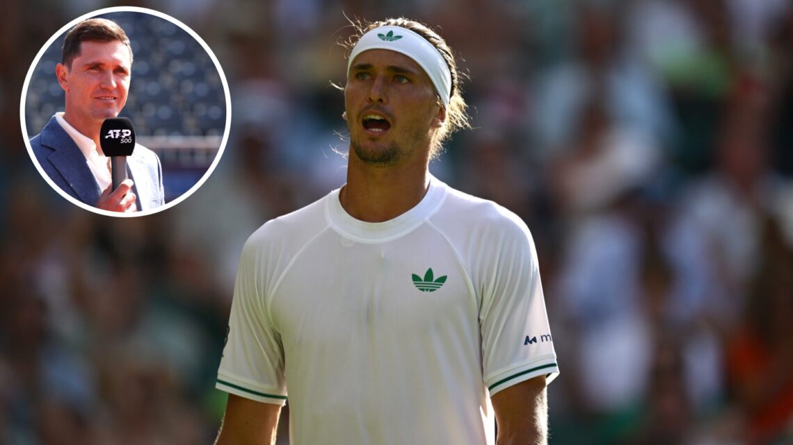 Alexander Zverev of Germany looks on against Arthur Rinderknech of France on day two of The Championships Wimbledon 2025 at All England Lawn Tennis...