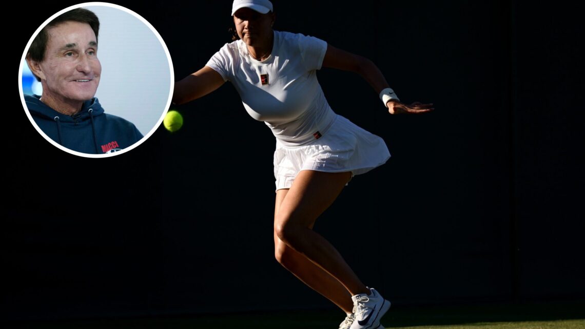 Amanda Anisimova of United States plays a forehand against Yulia Putintseva of Kazakhstan during the during the Ladies' Singles First match on day ...
