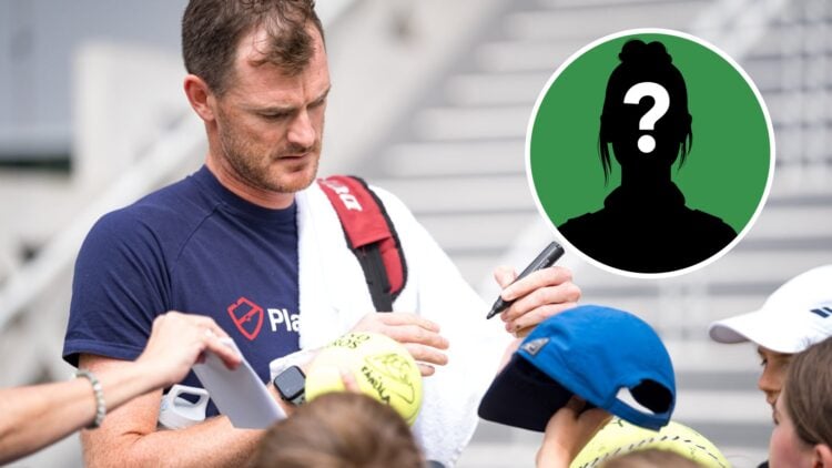Image of Jamie Murray signing autographs ahead of the 2025 French Open, inset of a female mystery player