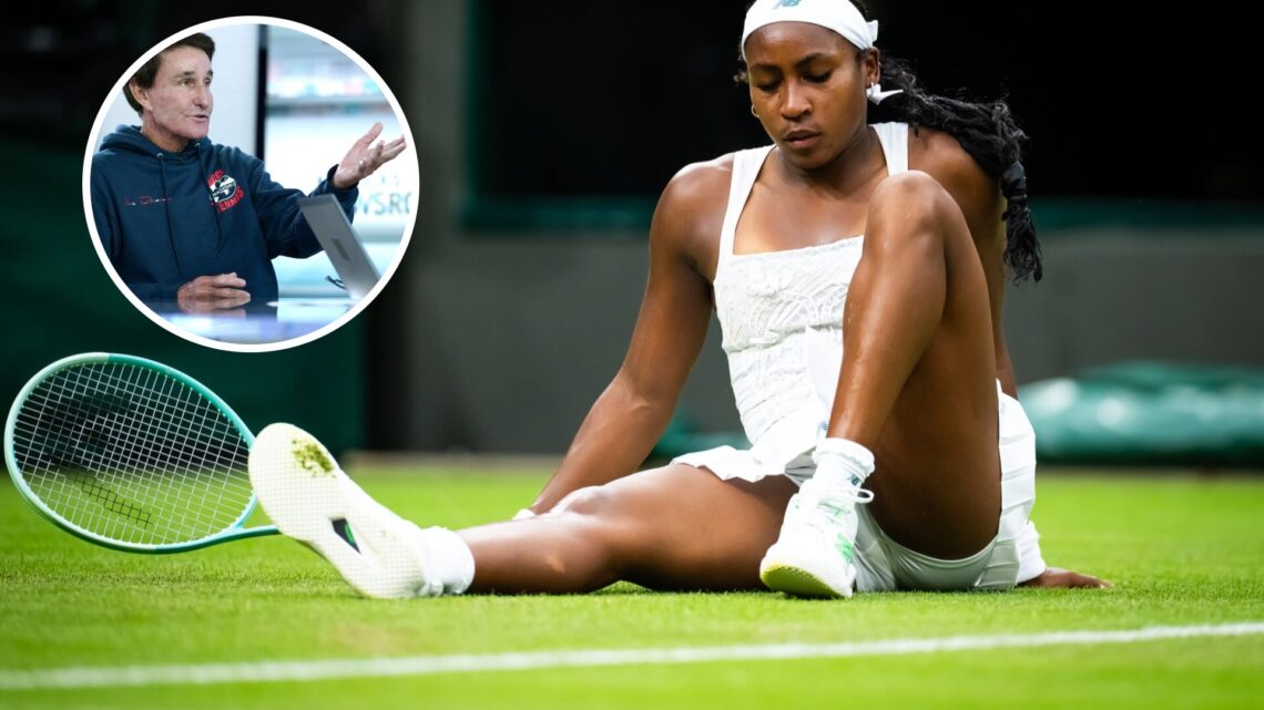 Coco Gauff of the United States reacts while playing against Dayana Yastremska of Ukraine in the first round on Day Two of The Championships Wimble...