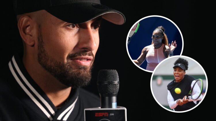 Image of Nick Kyrgios speaking during the Disney+ on ESPN Launch Part in 2025, inset of Serena Williams celebrating her win at the 2019 Hopman Cup,...