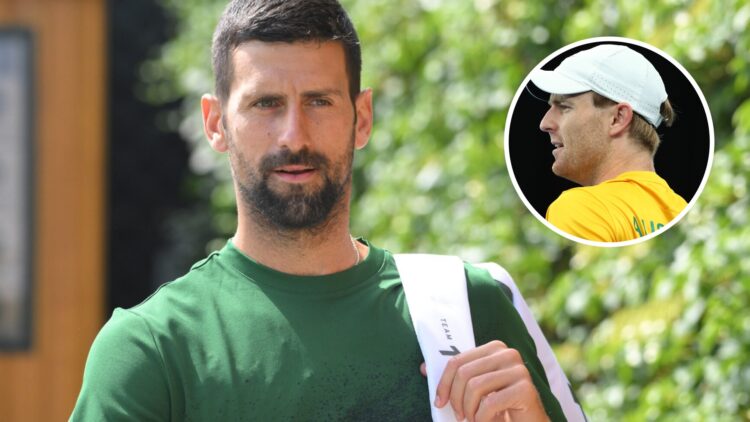 Image of Novak Djokovic at the All England Club ahead of the 2025 Wimbledon Championships, inset of Luke Saville looking on during Australia's Davi...