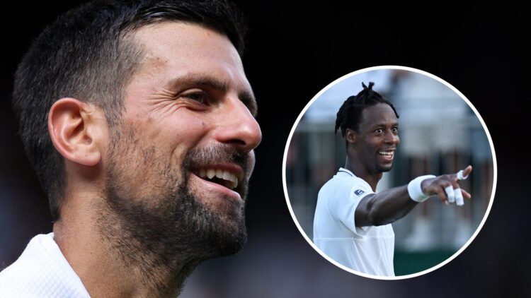Novak Djokovic (L) reacts after beating Dan Evans at Wimbledon, Gael Monfils reacts (R) after defeating Ugo Humbert at Wimbledon.