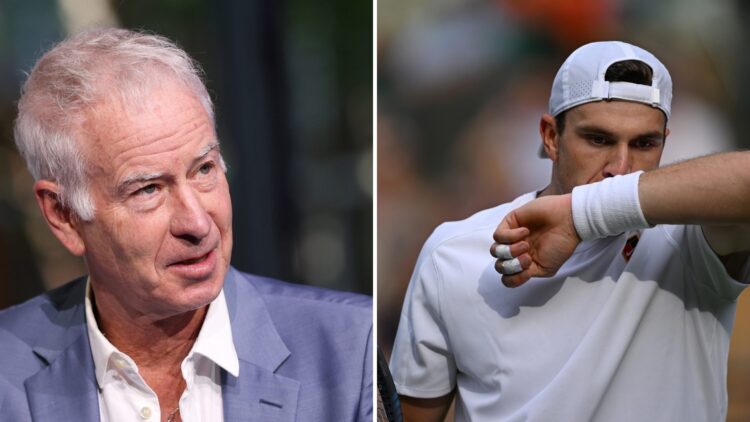 Split image of John McEnroe speaking at the US Open Reimagining Spectacular investment announcement in 2025 (L) and Jack Draper reacting after exit...