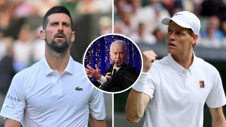 Novak Djokovic (L) reacts at Wimbledon, John McEnroe (M) speaks at MCNY's Gala, Jannik Sinner (R) celebrates at Wimbledon.