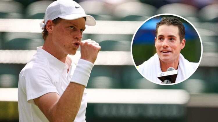 Image of Jannik Sinner celebrating his win over Luca Nardi at Wimbledon in 2025, inset of John Isner speaking to the media during the 2020 All-Amer...