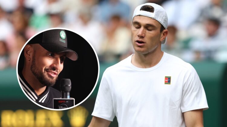 Nick Kyrgios (L) interviewed during the ESPN on Disney+ launch party, Jack Draper (R) reacts during his match with Marin Cilic at Wimbledon in 2025.