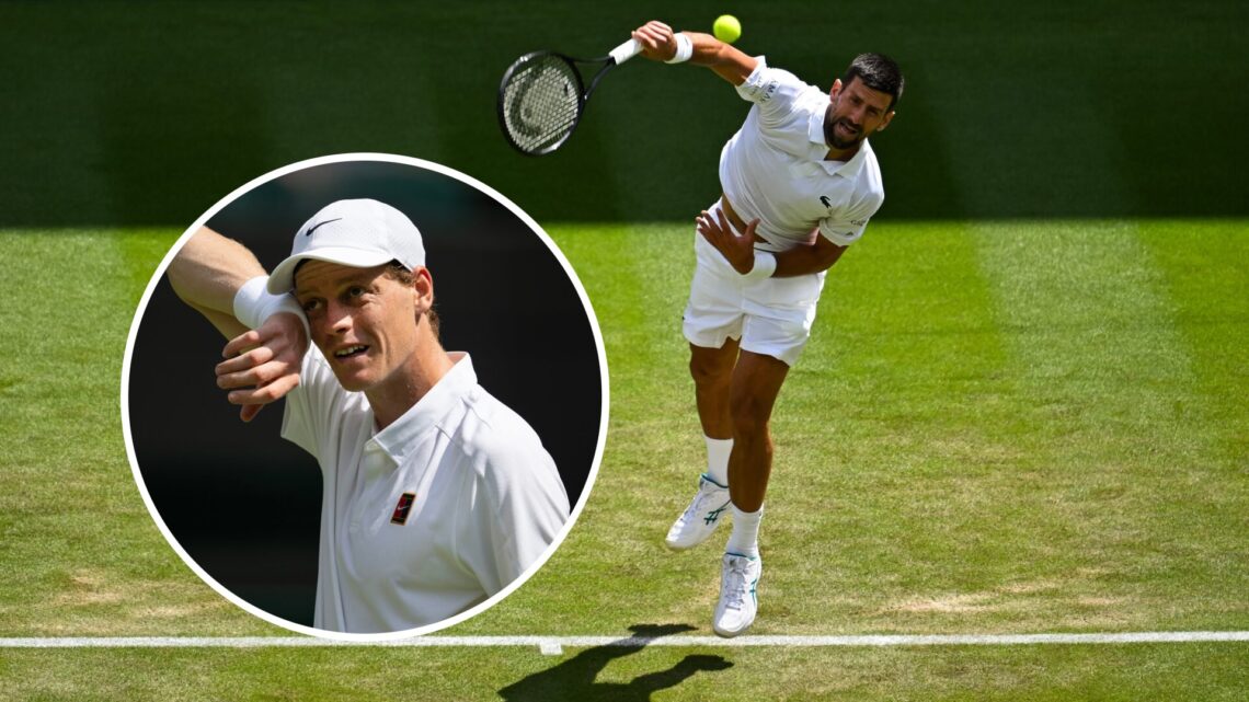 Jannik Sinner (L) during his first-round match at Wimbledon in 2025, Novak Djokovic (R) serving against Dan Evans at Wimbledon in 2025.