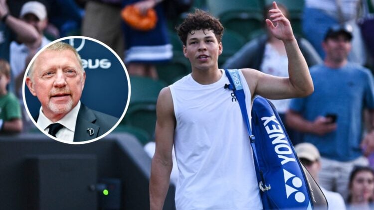 Image of Ben Shelton gesturing to the crowd after play was suspended during his second-round match at Wimbledon, inset of German former tennis play...