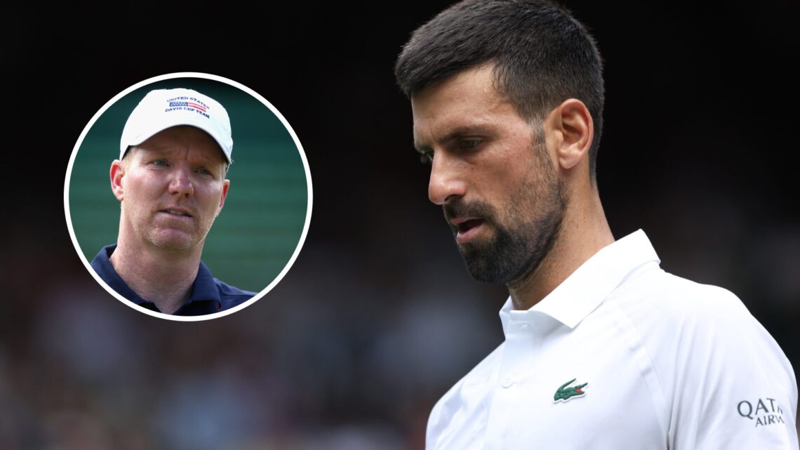 Image of Novak Djokovic reacting during his second-round win at Wimbledon in 2025, inset of Jim Courier looking on during the 2016 Davis Cup