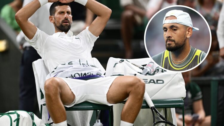 Image of Novak Djokovic looking on during a medical timeout at Wimbledon in 2025, inset of Nick Kyrgios reacting during his first-round defeat at t...