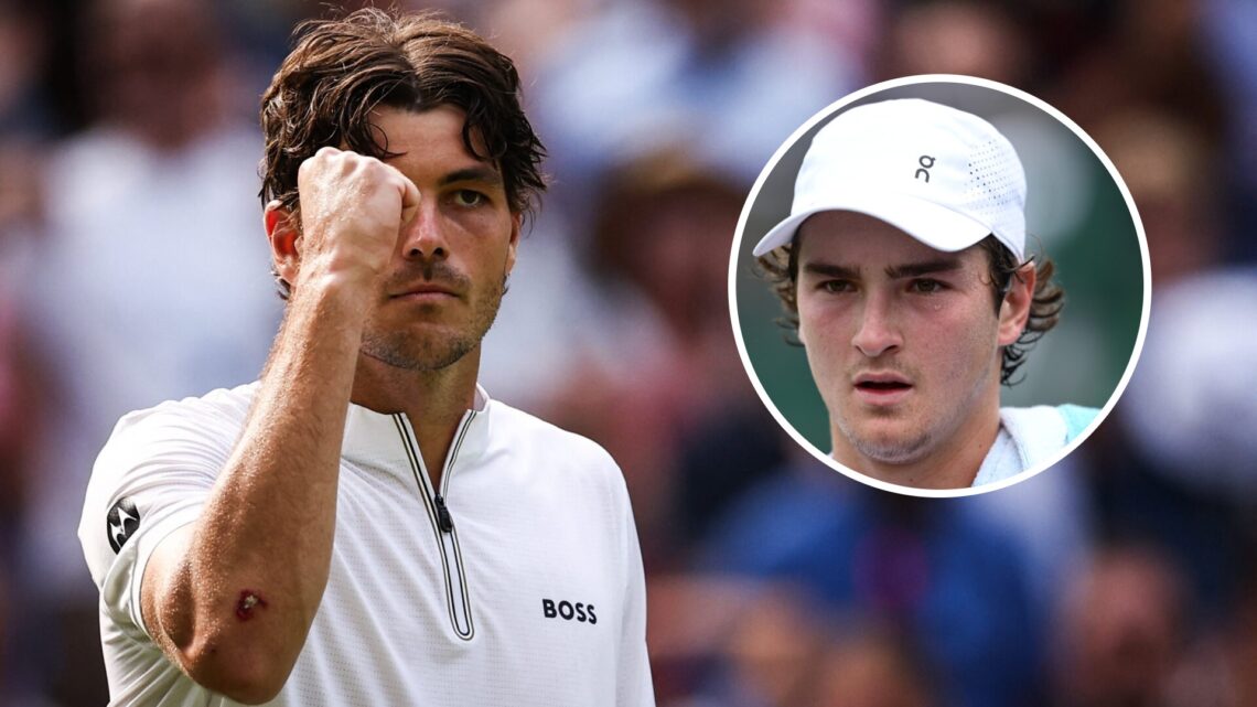 Image of Taylor Fritz celebrating during his win over Alejandro Davidovich Fokina at Wimbledon in 2025, inset of Joao Fonseca looking on during his...