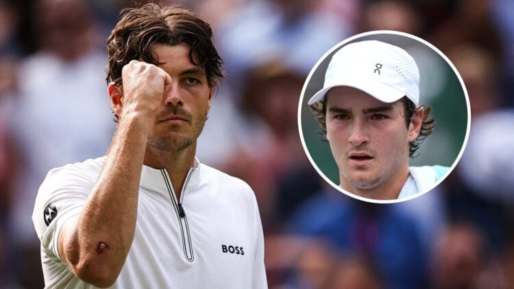 Image of Taylor Fritz celebrating during his win over Alejandro Davidovich Fokina at Wimbledon in 2025, inset of Joao Fonseca looking on during his...