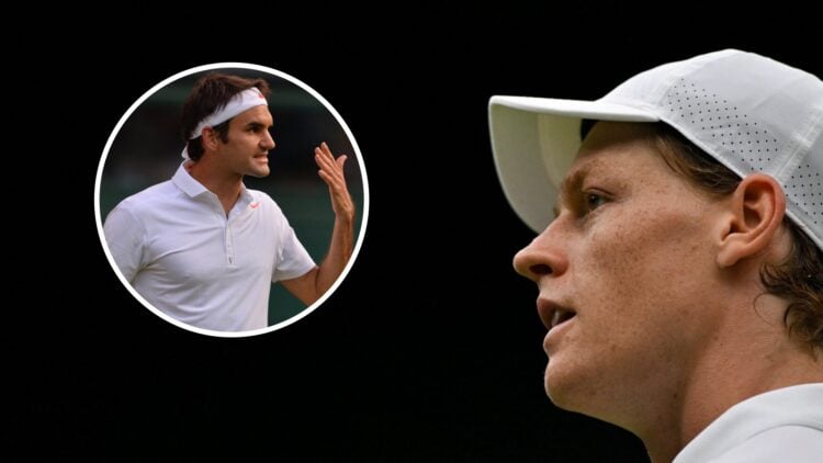 Image of Jannik Sinner looking on during his win over Pedro Martinez at Wimbledon in 2025, inset of Roger Federer reacting after a point against Uk...