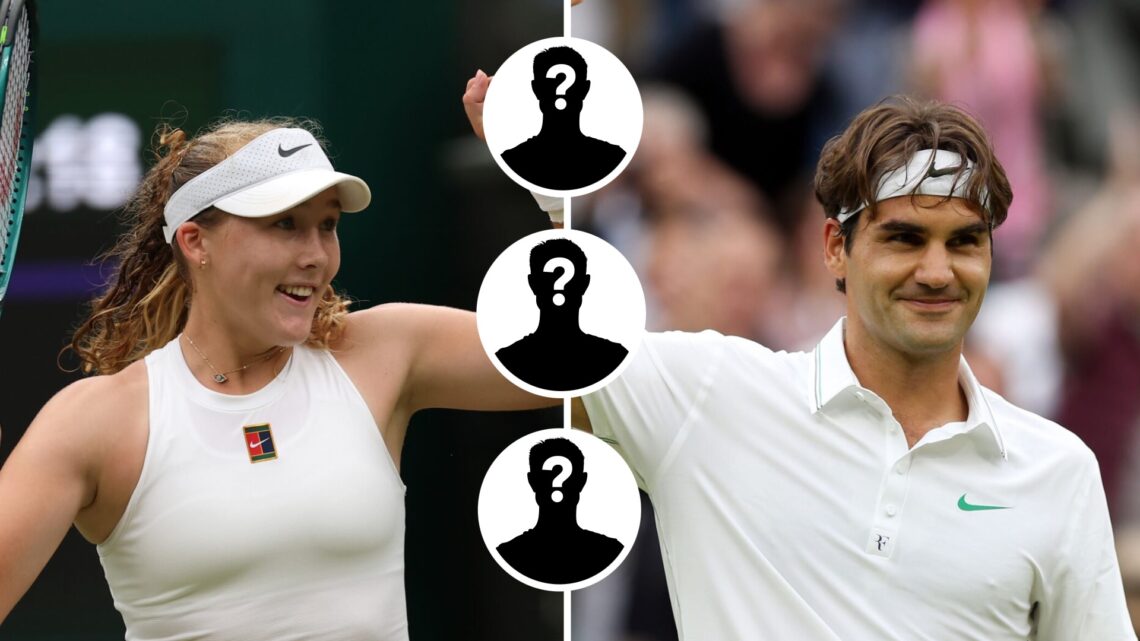 Mirra Andreeva (L) celebrates at Wimbledon in 2025, Roger Federer (R) reacts at Wimbledon in .