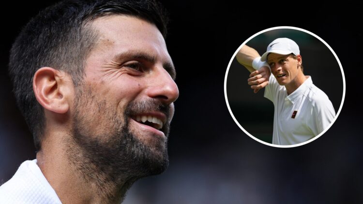 Image of Novak Djokovic reacting after his second-round win at Wimbledon in 2025, inset of Jannik Sinner looking on during his first-round match at...