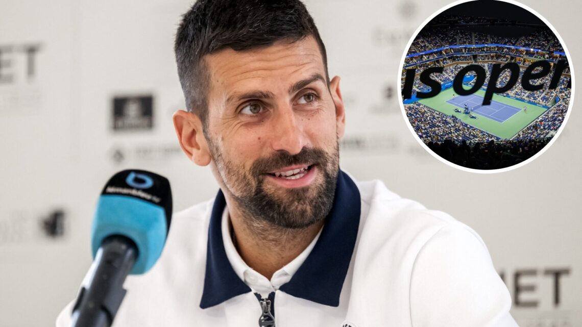 Novak Djokovic gives a press conference ahead of his match at the ATP 250 Geneva Open tennis tournament in Geneva, with an inset of a general view ...