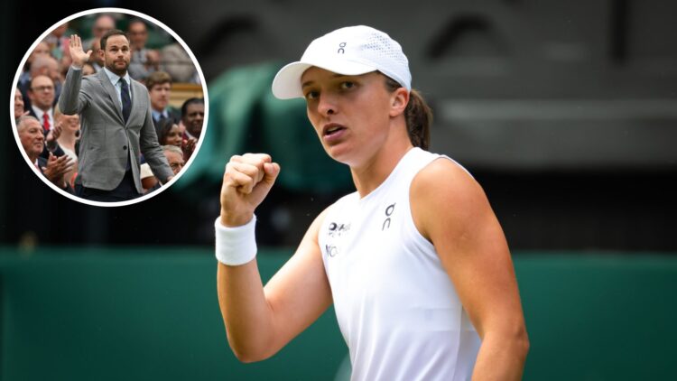 Iga Swiatek of Poland reacts while playing against Catherine McNally of the United States in the second round on Day Four of The Championships Wimb...