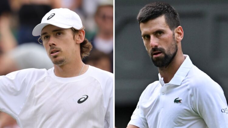 Alex de Minaur (L) celebrates a win at Wimbledon in 2025, Novak Djokovic (R) reacts at Wimbledon in 2025.