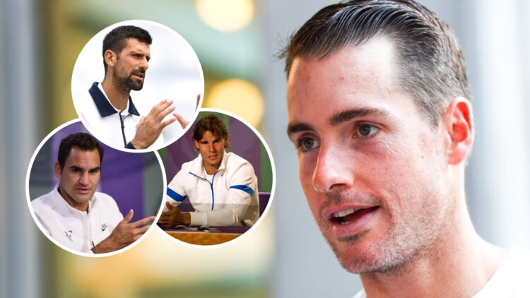 Image of John Isner speaking to the media after winning the Atlanta Open in 2021, inset of Roger Federer speaking to the media at Wimbledon in 2017...