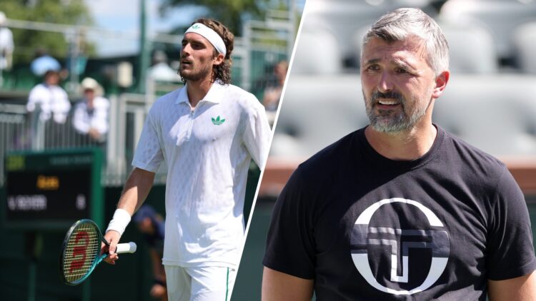 Split image of Stefanos Tsitsipas playing at Wimbledon 2025 (L) and Goran Ivanisevic looking on during Indian Wells 2024 (R)