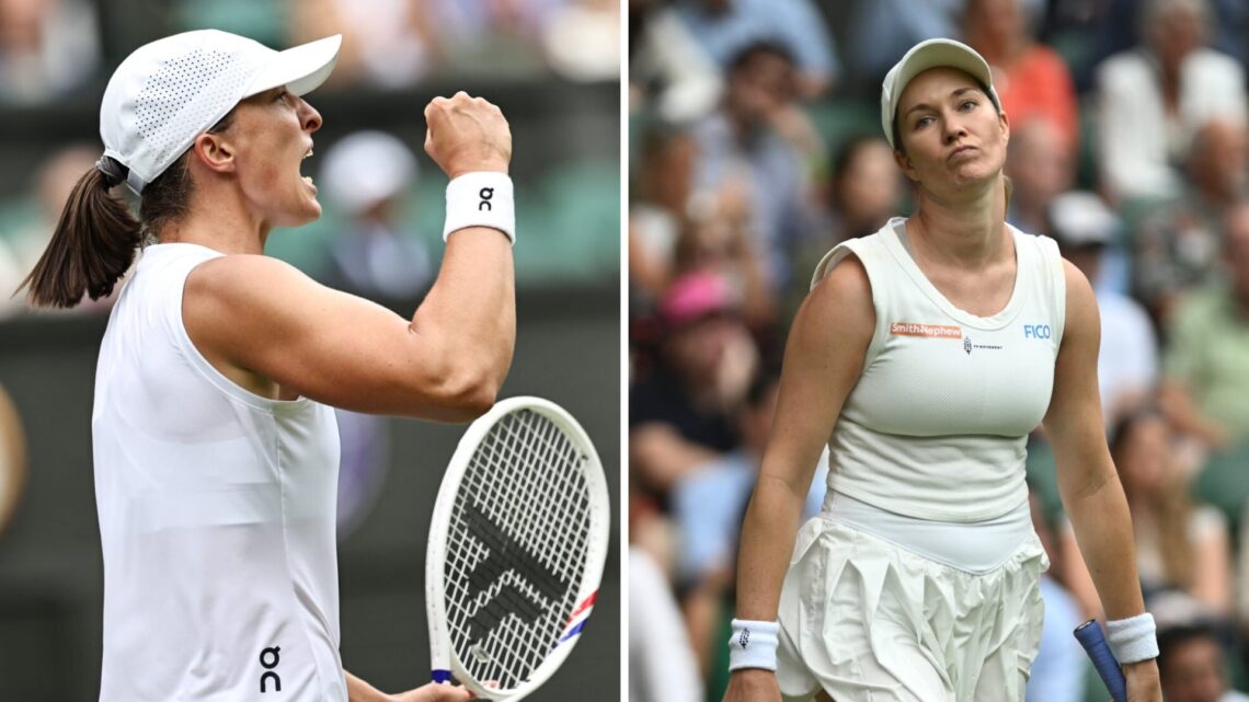 Iga Swiatek (left) pumps her fist and Danielle Collins (right) looks dejected