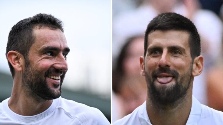Marin Cilic (L) smiles at Wimbledon after beating Jaume Munar, Novak Djokovic (R) reacts after reaching the fourth round at Wimbledon.