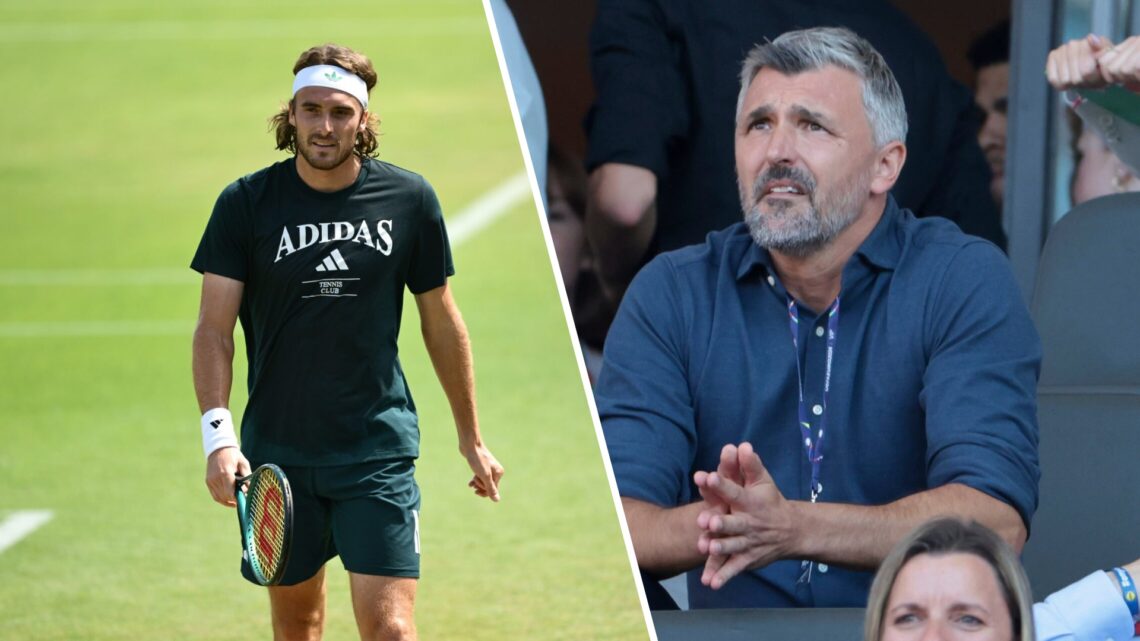 Split image of Stefanos Tsitsipas of Greece looks on during a practice session prior to The Championships Wimbledon 2025 at All England Lawn Tennis...