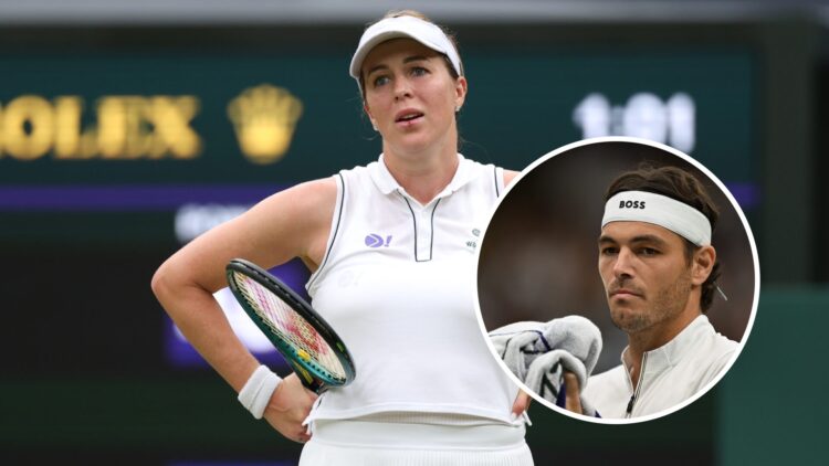 Anastasia Pavlyuchenkova (L) reacts at Wimbledon in 2025, Taylor Fritz (R) at Wimbledon in 2025.