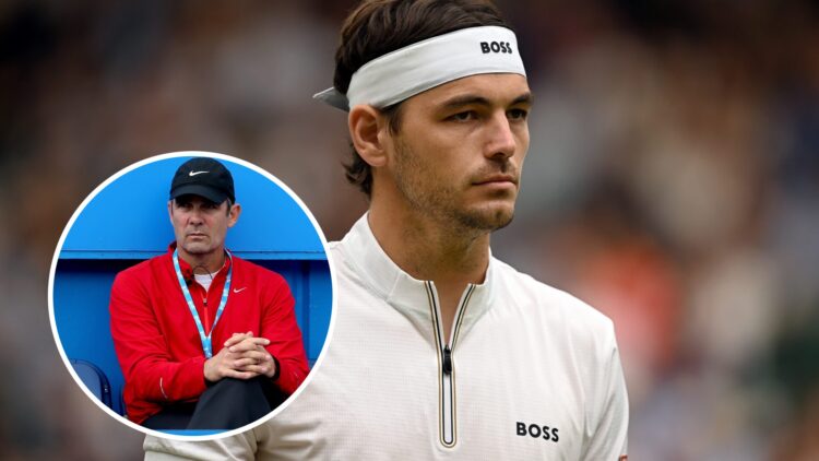 Paul Annacone (L) looks ahead at the Aegon International, Taylor Fritz (R) at Wimbledon in 2025.