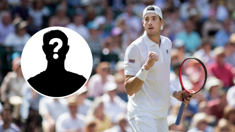John Isner plays at Wimbledon in 2018, inset image of a mystery player