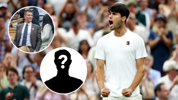 Carlos Alcaraz celebrates at Wimbledon 2025, inset Pat Cash attends Wimbledon 2023 and a mystery player