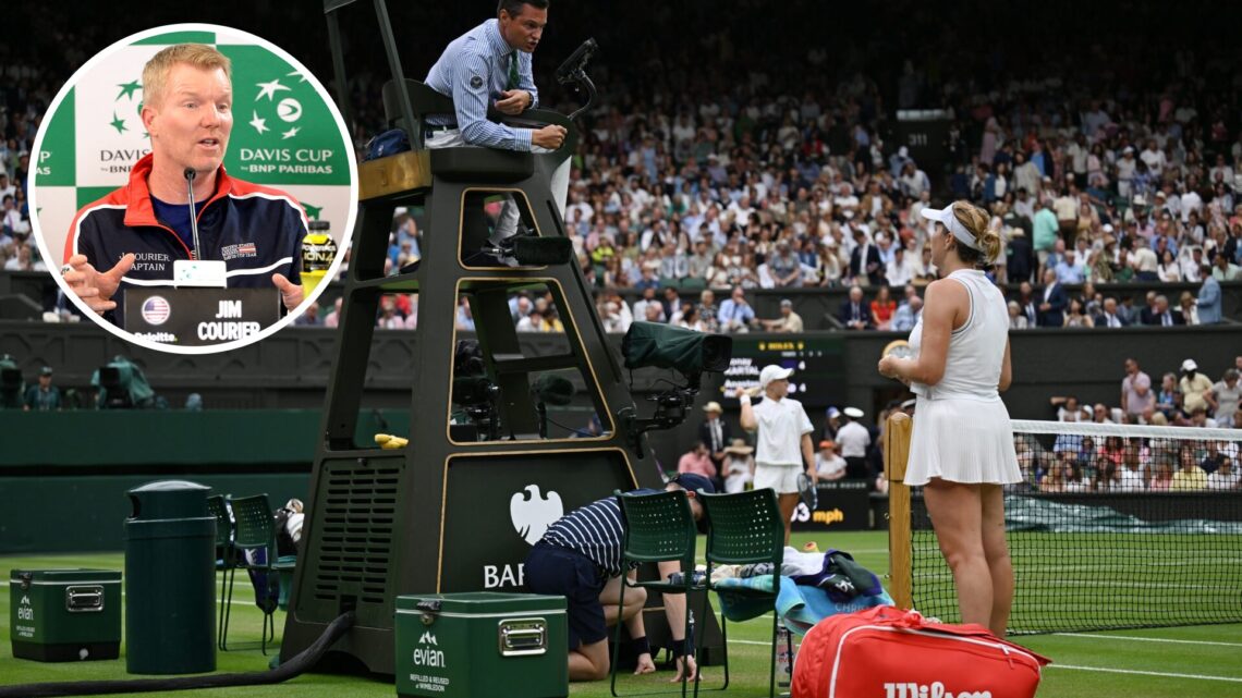Anastasia Pavlyuchenkova speaks to the match umpire as the hawk eye line calling system is checked for a fault during the Ladies' Singles fourth ro...