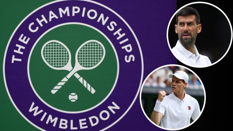 Wimbledon 2025 logo with Jannik Sinner and Novak Djokovic overlays