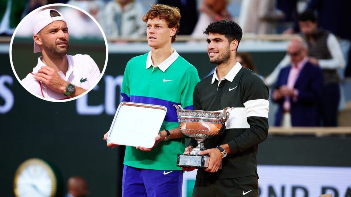 Carlos Alcaraz of Spain poses for a photo with the Coupe des Mousquetaires trophy alongside runner-up Jannik Sinner of Italy following his victory ...